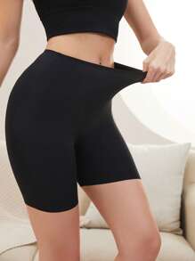 Women's Casual Comfy Black Knitted Fabric Plain Short Underwear - Black - View 3