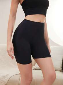 Women's Casual Comfy Black Knitted Fabric Plain Short Underwear - Black - View 6