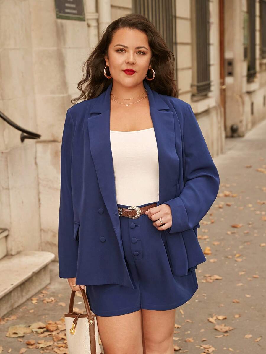 SHEIN Frenchy Plus Lapel Neck Double Breasted Blazer & Shorts Set Without Belt