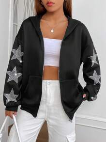 SHEIN EZwear Áo hoodie kéo khóa vai họa tiết ngôi sao đính đá thời trang thu đông - màu đen - Xem 6