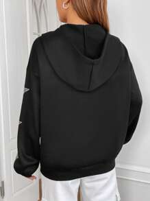 SHEIN EZwear Áo hoodie kéo khóa vai họa tiết ngôi sao đính đá thời trang thu đông - màu đen - Xem 7