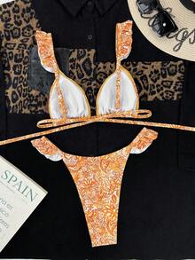 Paisley Print Ruffle Trim Triangle Bikini Set, For Summer Beach Vacation - Multicolor - View 2