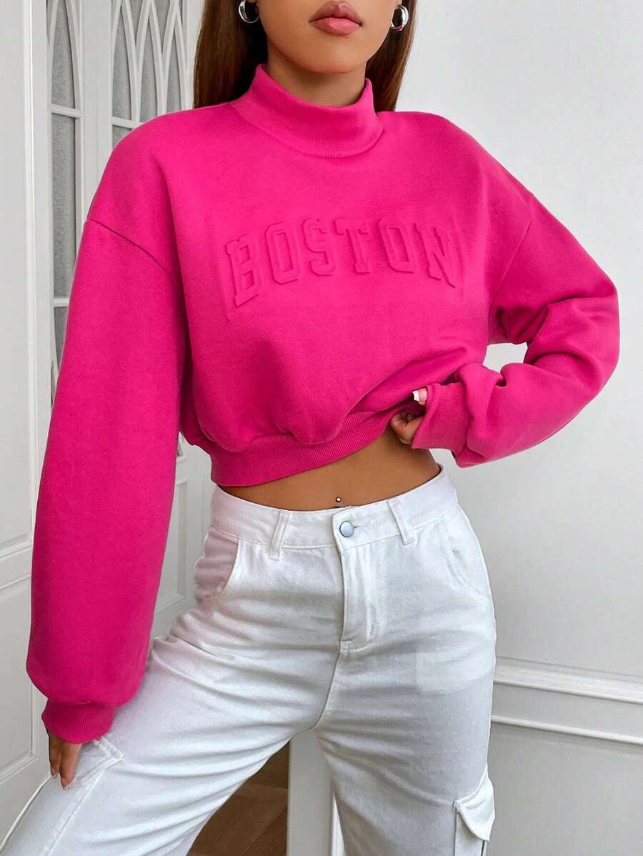 SHEIN EZwear Áo nỉ chui đầu cổ khoét vai in chữ nổi, áo dài tay cho mùa thu/đông - Màu Hồng Tươi - Xem 1