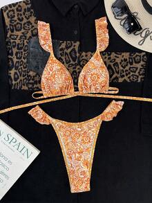 Paisley Print Ruffle Trim Triangle Bikini Set, For Summer Beach Vacation - Multicolor - View 4