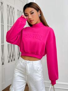 SHEIN EZwear Áo nỉ chui đầu cổ khoét vai in chữ nổi, áo dài tay cho mùa thu/đông - Màu Hồng Tươi - Xem 5