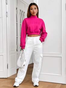 SHEIN EZwear Áo nỉ chui đầu cổ khoét vai in chữ nổi, áo dài tay cho mùa thu/đông - Màu Hồng Tươi - Xem 6