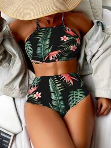 SHEIN Swim Bộ Bikini Criss Cross In Họa Tiết Nhiệt Đới Bãi Biển Mùa Hè - Nhiều màu - Xem 2