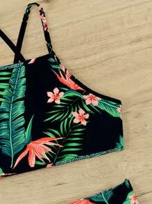 SHEIN Swim Bộ Bikini Criss Cross In Họa Tiết Nhiệt Đới Bãi Biển Mùa Hè - Nhiều màu - Xem 4