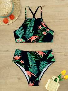SHEIN Swim Bộ Bikini Criss Cross In Họa Tiết Nhiệt Đới Bãi Biển Mùa Hè - Nhiều màu - Xem 1
