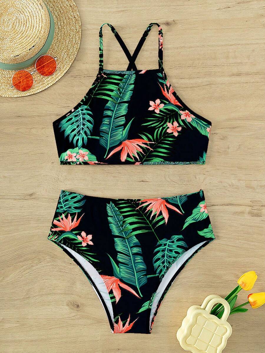 SHEIN Swim Bộ Bikini Criss Cross In Họa Tiết Nhiệt Đới Bãi Biển Mùa Hè - Nhiều màu - Xem 1