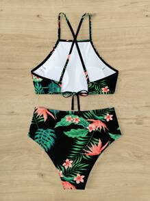 SHEIN Swim Bộ Bikini Criss Cross In Họa Tiết Nhiệt Đới Bãi Biển Mùa Hè - Nhiều màu - Xem 6