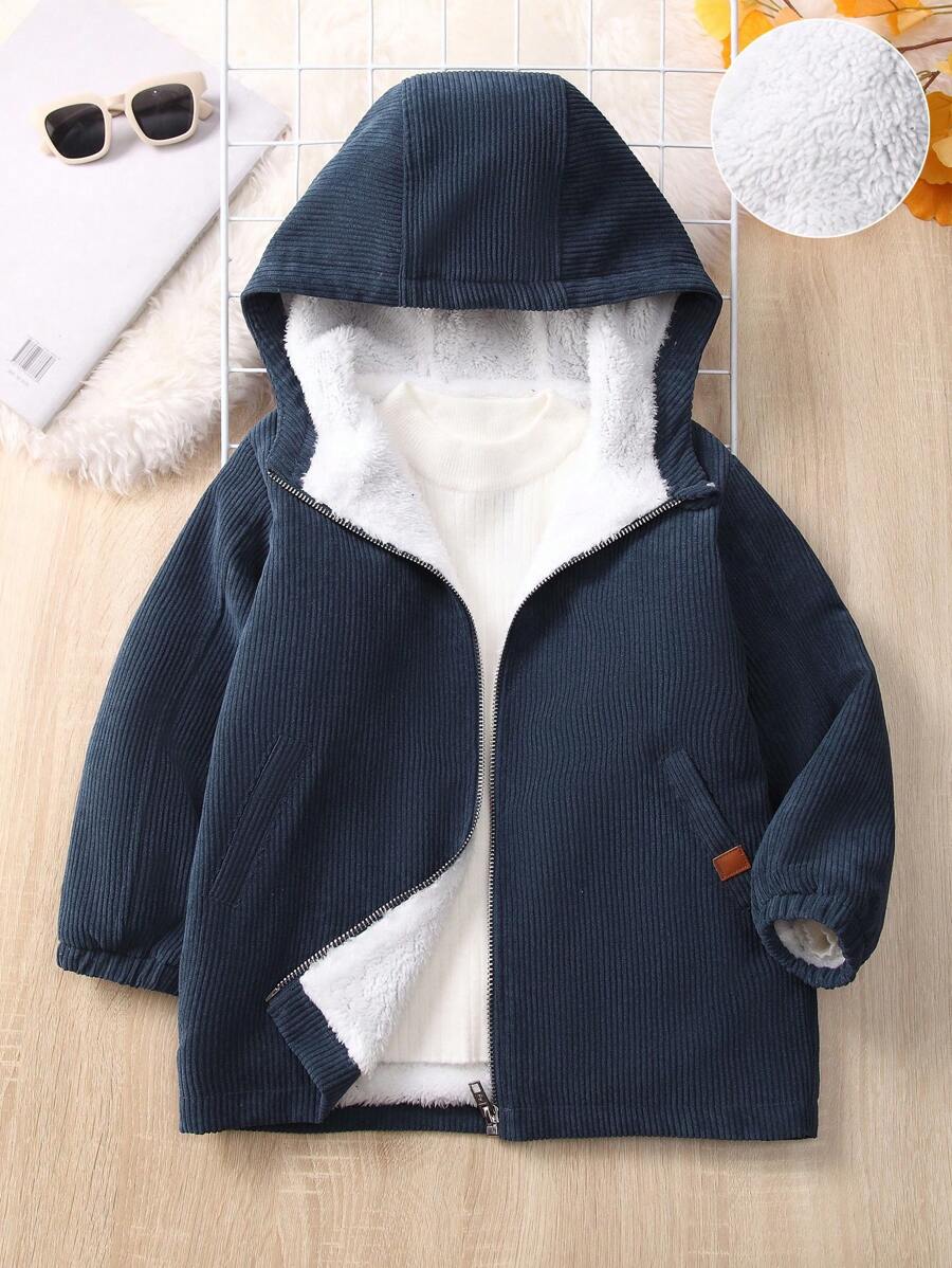 SHEIN 男小童拉鏈開襟加絨內裏連帽外套 - 藏蓝色 - 查看 1