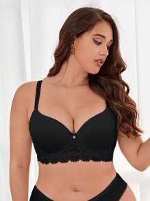 大碼蕾絲拼接鋼圈胸罩 - 黑色 - 查看 1