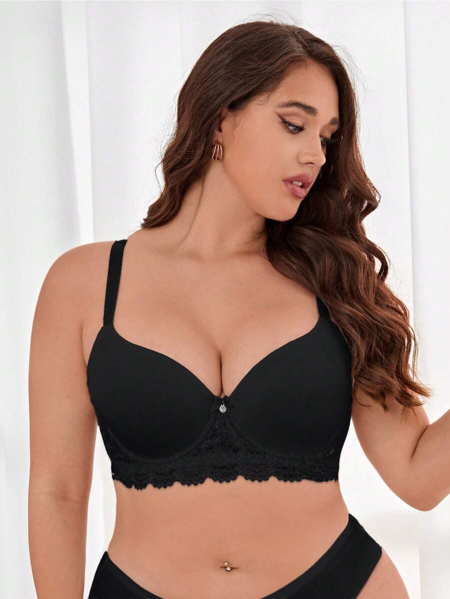 大碼蕾絲拼接鋼圈胸罩 - 黑色 - 查看 1
