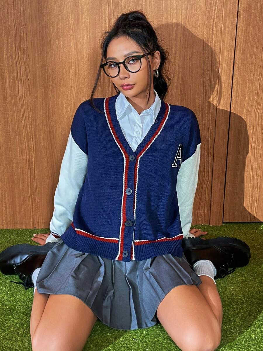 SHEIN Unity Mẫu chữ Sọc trang trí Thả vai Áo len Mở - Nhiều màu - Xem 1