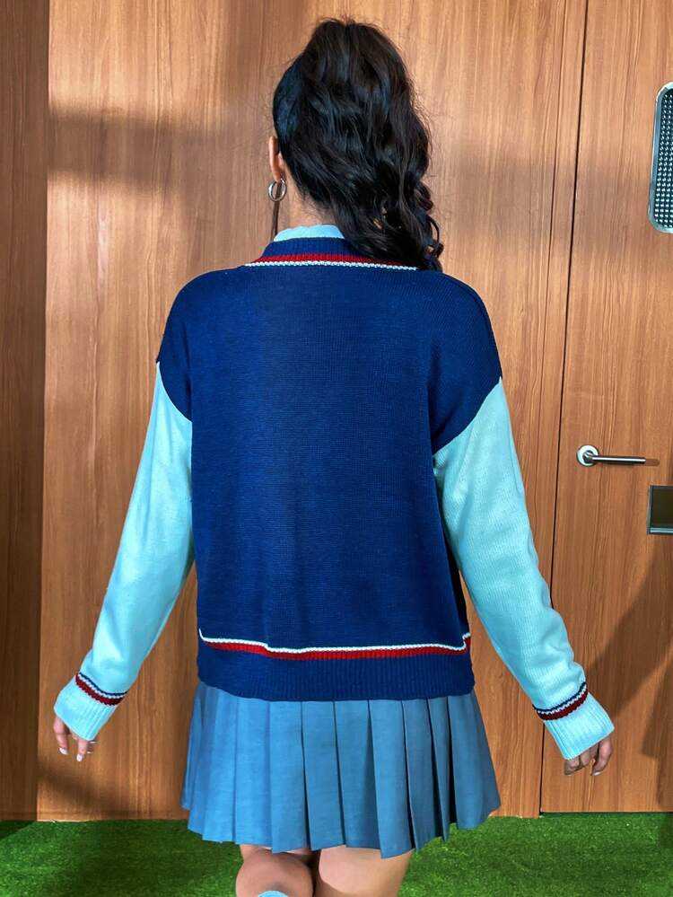 Letter Pattern Striped Trim Drop Shoulder Cardigan Fall Cloth For Women