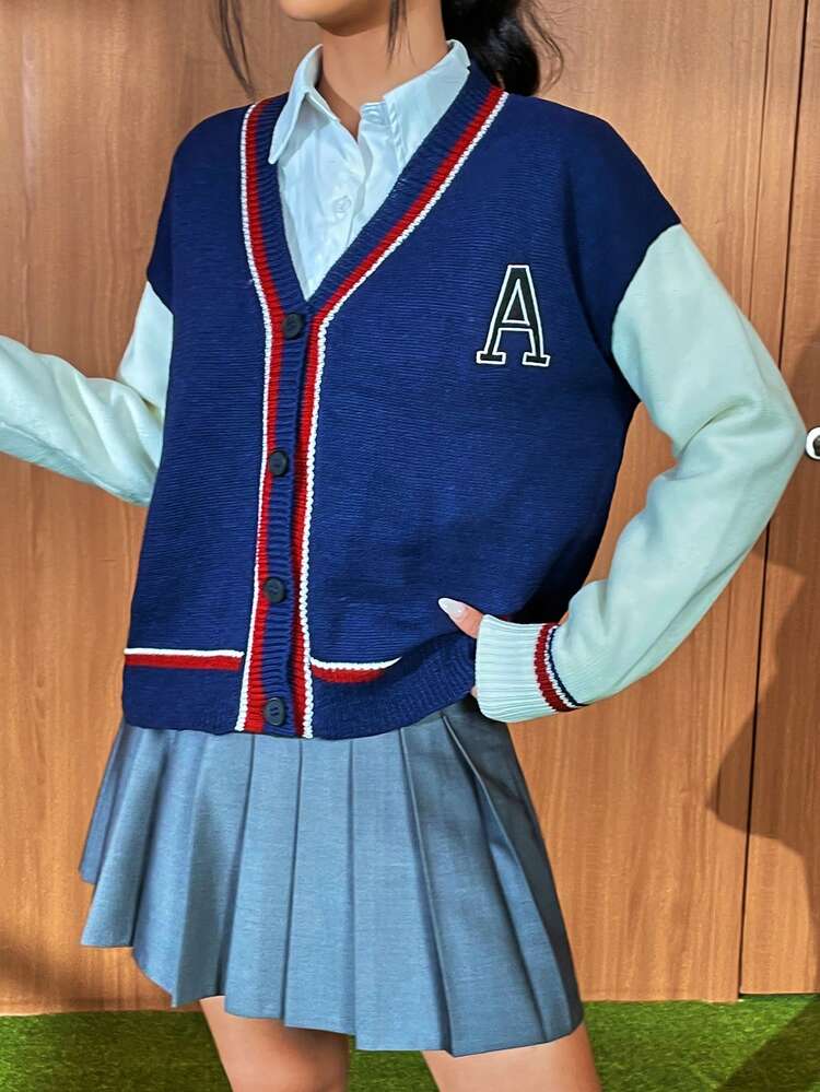 Letter Pattern Striped Trim Drop Shoulder Cardigan Fall Cloth For Women