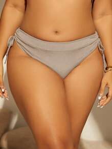 SHEIN Swim Curve 加侧抽绳比基尼泳裤，适合夏季海滩度假 - 米色 - 查看 1