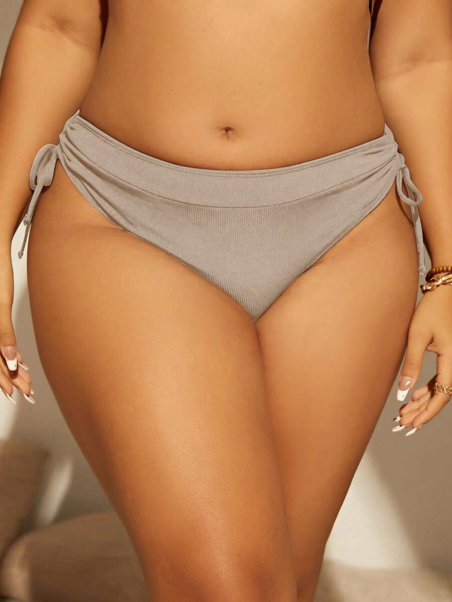 SHEIN Swim Curve 加侧抽绳比基尼泳裤，适合夏季海滩度假 - 米色 - 查看 1