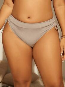 SHEIN Swim Curve 加侧抽绳比基尼泳裤，适合夏季海滩度假 - 米色 - 查看 3