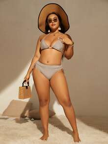 SHEIN Swim Curve 加侧抽绳比基尼泳裤，适合夏季海滩度假 - 米色 - 查看 4