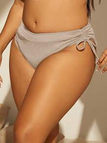 SHEIN Swim Curve 加侧抽绳比基尼泳裤，适合夏季海滩度假 - 米色 - 查看 5