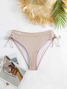 SHEIN Swim Curve 加侧抽绳比基尼泳裤，适合夏季海滩度假 - 米色 - 查看 7