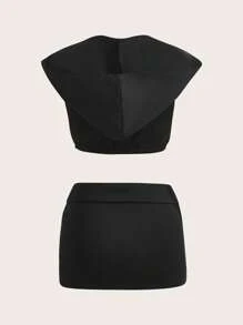 SHEIN ICON Einfarbig Band vorne, Crop Kapuze, Top mit & Figurbetonter Rock mit - Schwarz - Übersicht 5