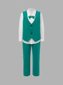 SHEIN Tween Boy Bow Front Shirt & Vest Blazer & Pants - Green - View 2