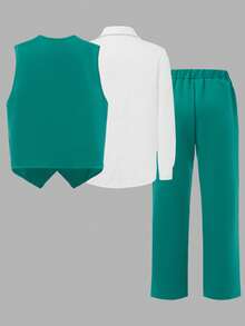 SHEIN Tween Boy Bow Front Shirt & Vest Blazer & Pants - Green - View 3