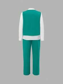 SHEIN Tween Boy Bow Front Shirt & Vest Blazer & Pants - Green - View 4