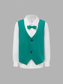SHEIN Tween Boy Bow Front Shirt & Vest Blazer & Pants - Green - View 9