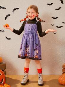 SHEIN 女小童萬聖印花吊帶洋裝不帶T恤 - 紫色 - 查看 3
