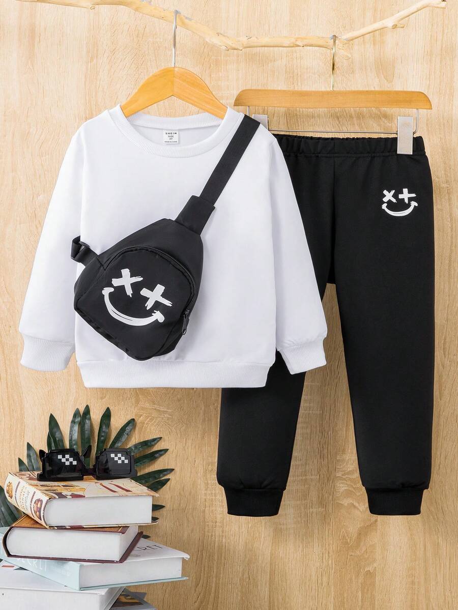 SHEIN 男小童卡通圖案衛衣和衛褲&包 - 黑與白 - 查看 1