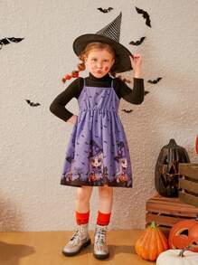 SHEIN 女小童萬聖印花吊帶洋裝不帶T恤 - 紫色 - 查看 5