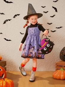 SHEIN 女小童萬聖印花吊帶洋裝不帶T恤 - 紫色 - 查看 7