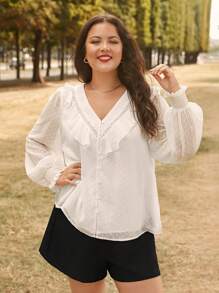 SHEIN Frenchy Plus Swiss Dot Ruffle Trim Flare Sleeve Blouse - White - View 5