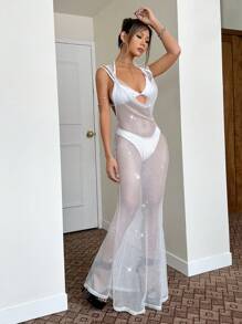 SHEIN ICON Rhinestone Studded Fishnet Mesh Dress Without Lingerie Set - White - View 4