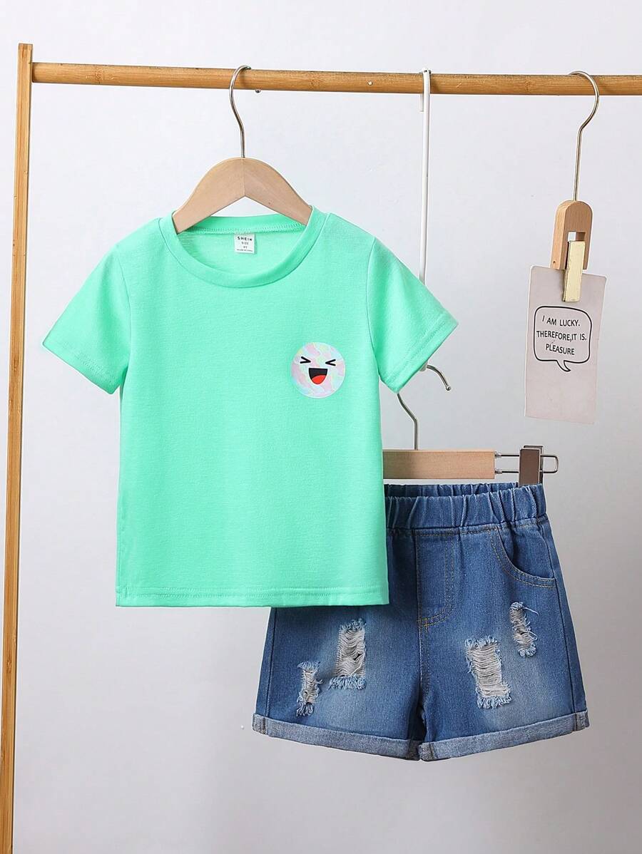 SHEIN Young Boy Cartoon Graphic Tee & Ripped Denim Shorts