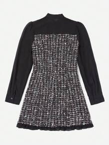 SHEIN Clasi 格紋圖案繫帶領前紐扣粗花呢連衣裙 - 彩色 - 查看 2