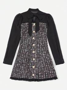 SHEIN Clasi 格紋圖案繫帶領前紐扣粗花呢連衣裙 - 彩色 - 查看 3