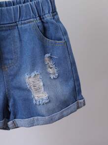 SHEIN Young Boy Cartoon Graphic Tee & Ripped Denim Shorts