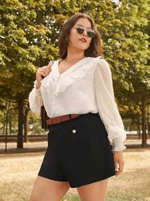 SHEIN Frenchy Plus Swiss Dot Ruffle Trim Flare Sleeve Blouse - White - View 9