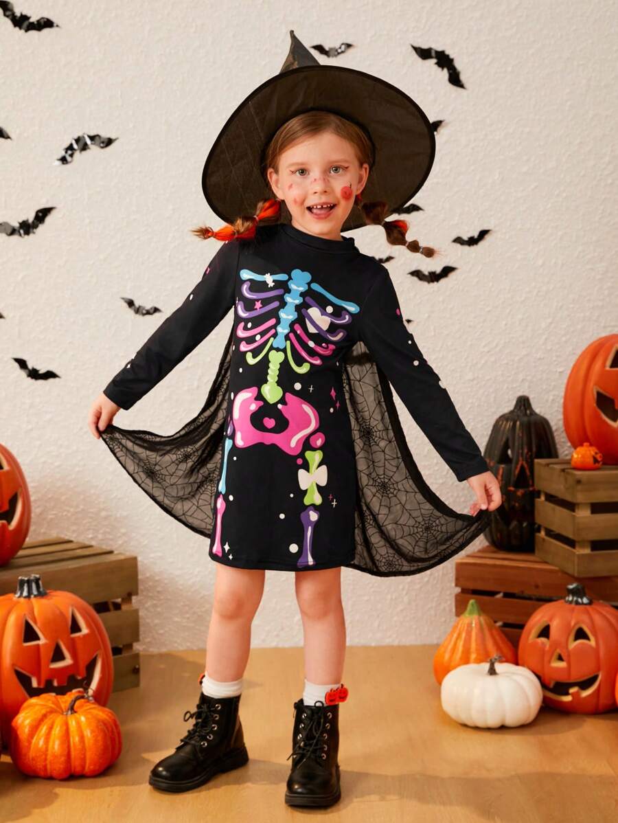 SHEIN Young Girl Skeleton Print Mock Neck Dress - Black - View 1