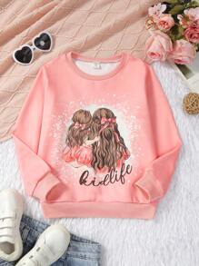 SHEIN Chica preadolescente Sudadera con estampado de letra y figura - Rosa - Ver 1