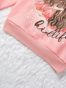 SHEIN Chica preadolescente Sudadera con estampado de letra y figura - Rosa - Ver 3