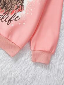 SHEIN Chica preadolescente Sudadera con estampado de letra y figura - Rosa - Ver 4