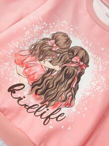 SHEIN Chica preadolescente Sudadera con estampado de letra y figura - Rosa - Ver 5