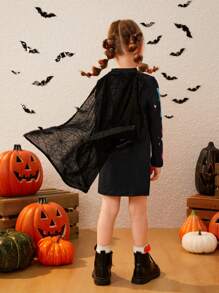 SHEIN Young Girl Skeleton Print Mock Neck Dress - Black - View 2