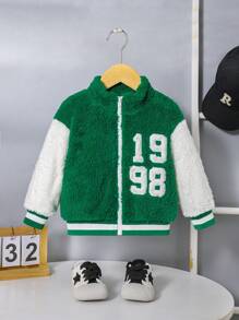 SHEIN Bebé niño Cazadora teddy con bordado de letra ribete de rayas de hombros caídos - Verde - Ver 2